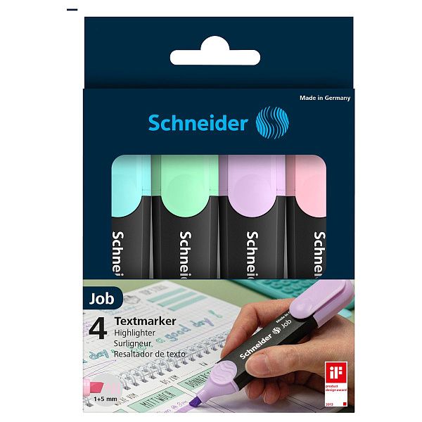 Набор текстовыделителей Schneider "Job" 04цв., пастельные ассорти, 1-5мм, прозрачный чехол/картонная упаковка