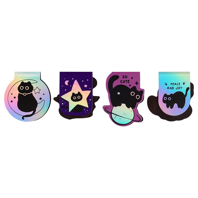 Закладки магнитные для книг, 4шт., MESHU "Кошачья вселенная", голографическая фольга 