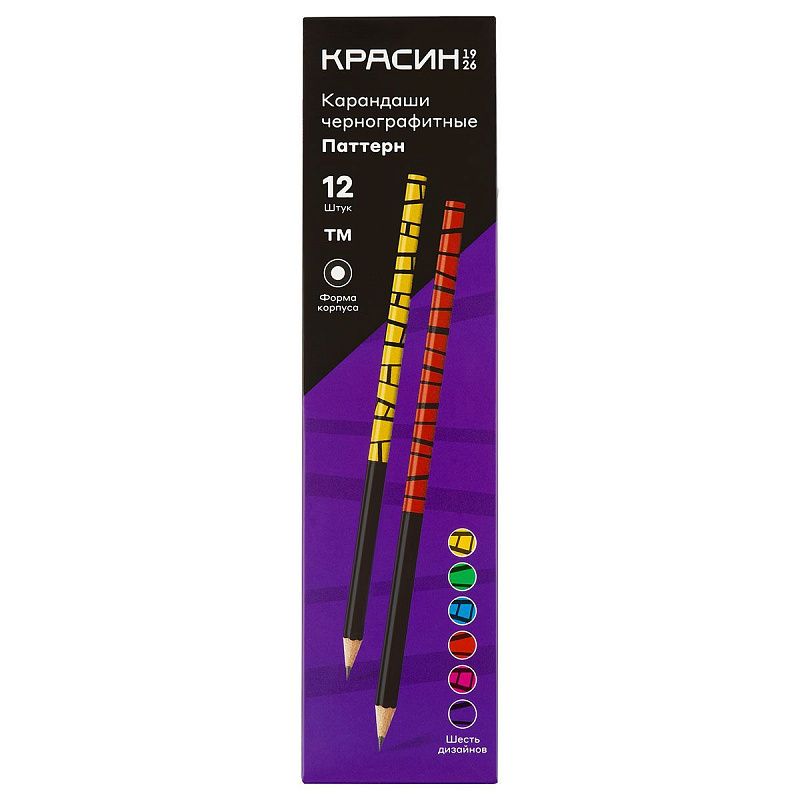 Карандаш ч/г Красин "Паттерн" ТМ (НВ),  кругл., заточен., ассорти.