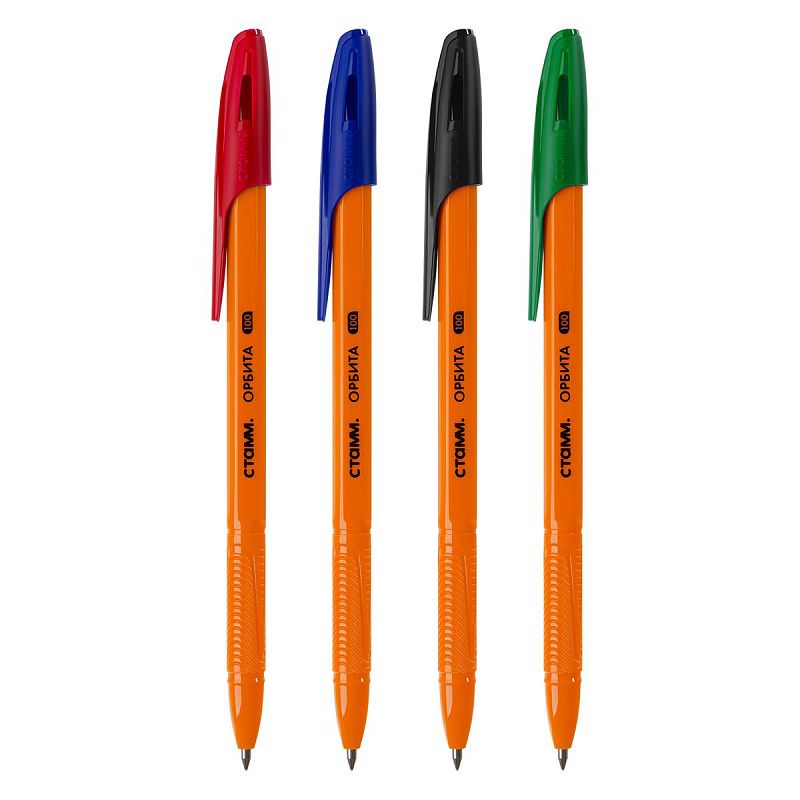 Набор шариковых ручек СТАММ «Орбита 100» 4шт., 4цв., 0,7мм, оранжевый корпус, пакет с европодвесом 