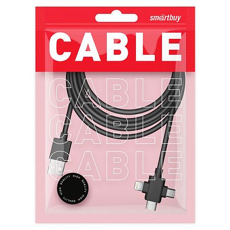 Кабель Smartbuy The X 3 в1 универсальный, USB - Micro-USB/Lightning/Type-C, 2.4A output, оплетка TPE, 1м, черный