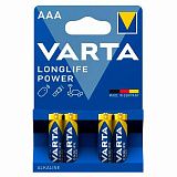 Батарейки алкалиновые "мизинчиковые" КОМПЛЕКТ 4 шт., VARTA LONGLIFE POWER, ААА (LR03, 15А), блистер, 4903121414