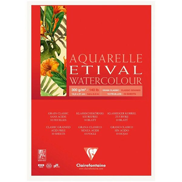 Альбом для акварели, 10л., А5, на склейке Clairefontaine "Etival", 300г/м2, классическое зерно Альбом для акварели, 10л., А5, на склейке Clairefontaine "Etival", 300г/м2, классическое зерно