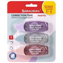 Корректирующая лента BRAUBERG PASTEL, 5 мм х 6 м, ВЫГОДНАЯ УПАКОВКА 3 штуки в блистере, 272658