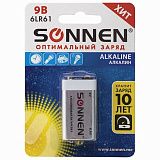 Батарейка SONNEN Alkaline, Крона (6LR61, 6LF22, 1604A), алкалиновая, 1 шт., блистер, 451092