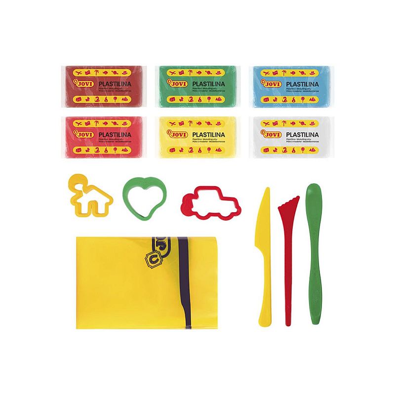 Пластилин JOVI, 06 цветов, 300г, растительный, формочки, стеки, клеенка, в ведре