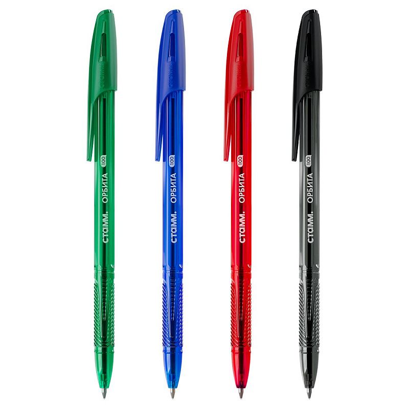 Набор шариковых ручек СТАММ «Орбита 100» 4шт., 4цв., 0,7мм, тонированный корпус, пакет с европодвесом 