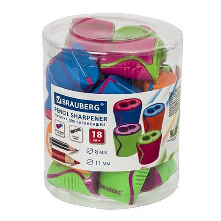 Точилка BRAUBERG "Mix Dual", 2 отверстия для чернографитных карандашей (в том числе утолщенных), с контейнером, корпус ассорти, 228449 