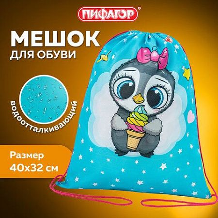 Мешок для обуви ПИФАГОР, 1 отделение, 42х34 см, "Smart penguin", 271602 