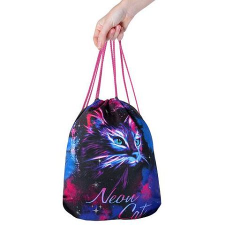Мешок для обуви BRAUBERG PREMIUM, карман, подкладка, светоотражайка, 43х33 см, "Neon cat", 271621 