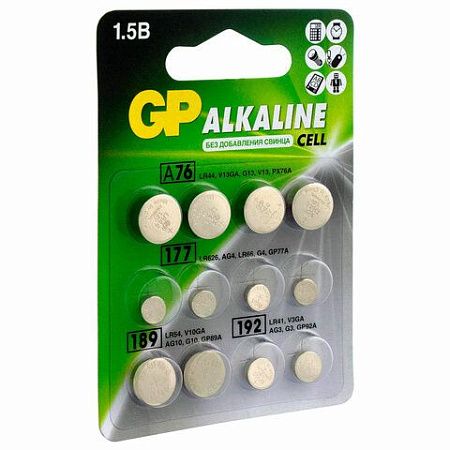 Батарейки НАБОР 12 шт. (А76 – 4 шт., 177 – 4 шт., 189 – 2 шт., 192 – 2 шт.), GP Alkaline, блистер, ACM02F-2CR12
