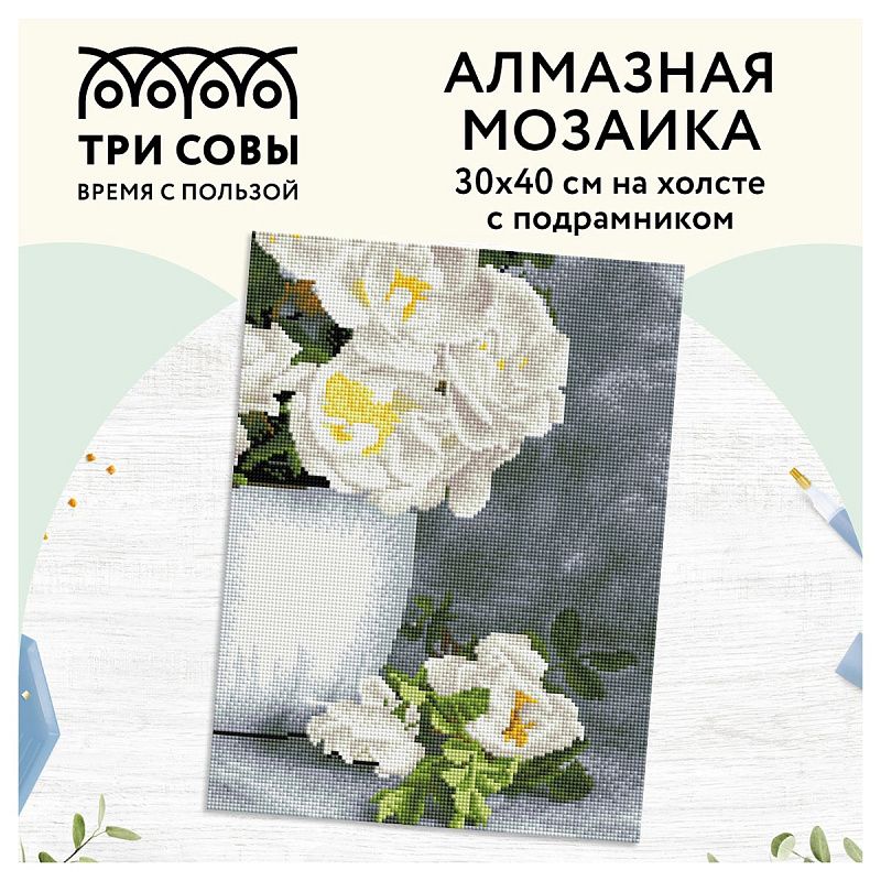 Алмазная мозаика ТРИ СОВЫ "Садовые цветы", 30*40см, холст на деревянном подрамнике, картонная коробка с пластиковой ручкой