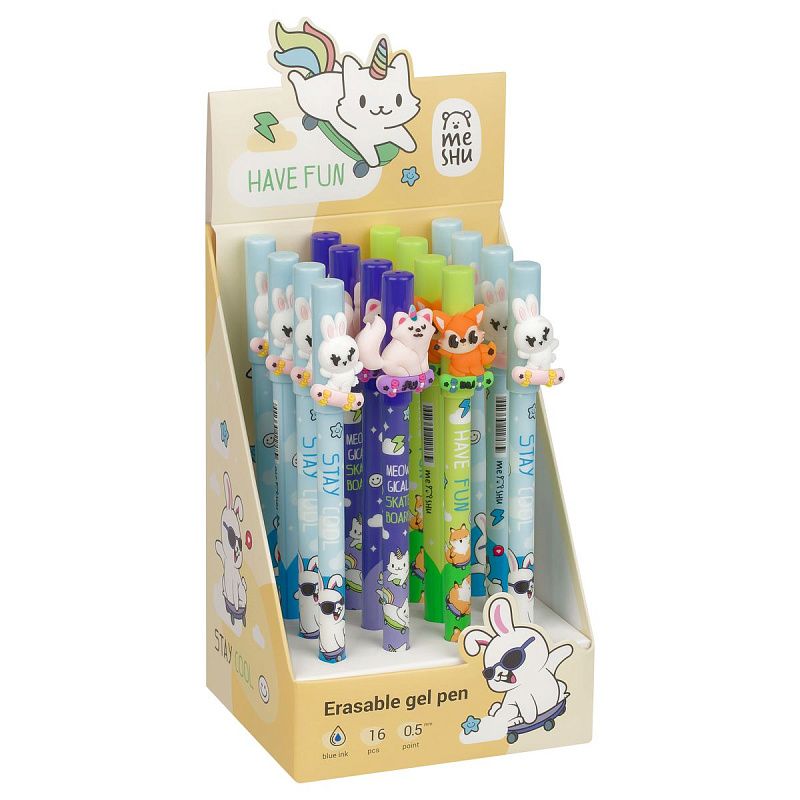 Ручка гелевая стираемая MESHU "Skate party" синяя, 0,5мм, корпус ассорти, с топпером 