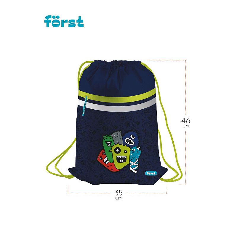 Мешок для обуви 1 отделение Först "Monsters", 350*460мм, вентиляционная сеточка, светоотражающая лента, карман на молнии 