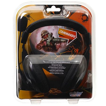 Наушники с микрофоном Smartbuy Commando, с регулятором громкости, 2,5м, черный