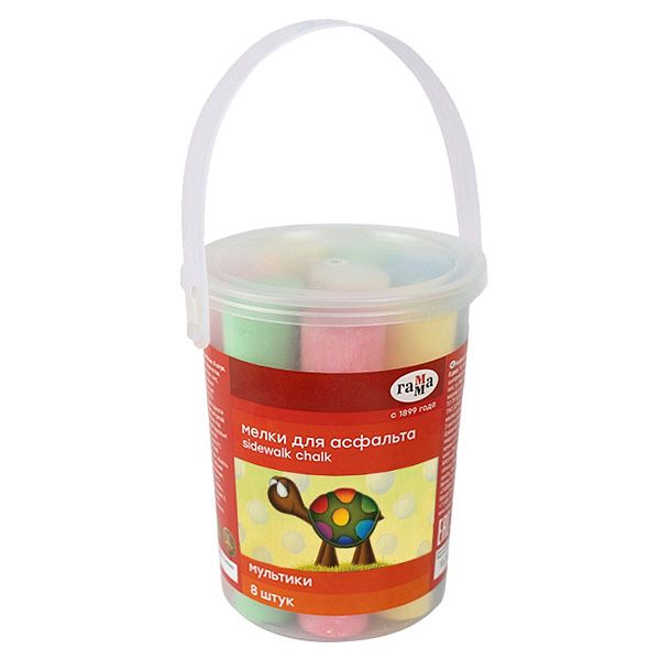 Мелки для асфальта Гамма "Мультики", цветные, 8шт., 5цв., круглые, пластиковое ведро