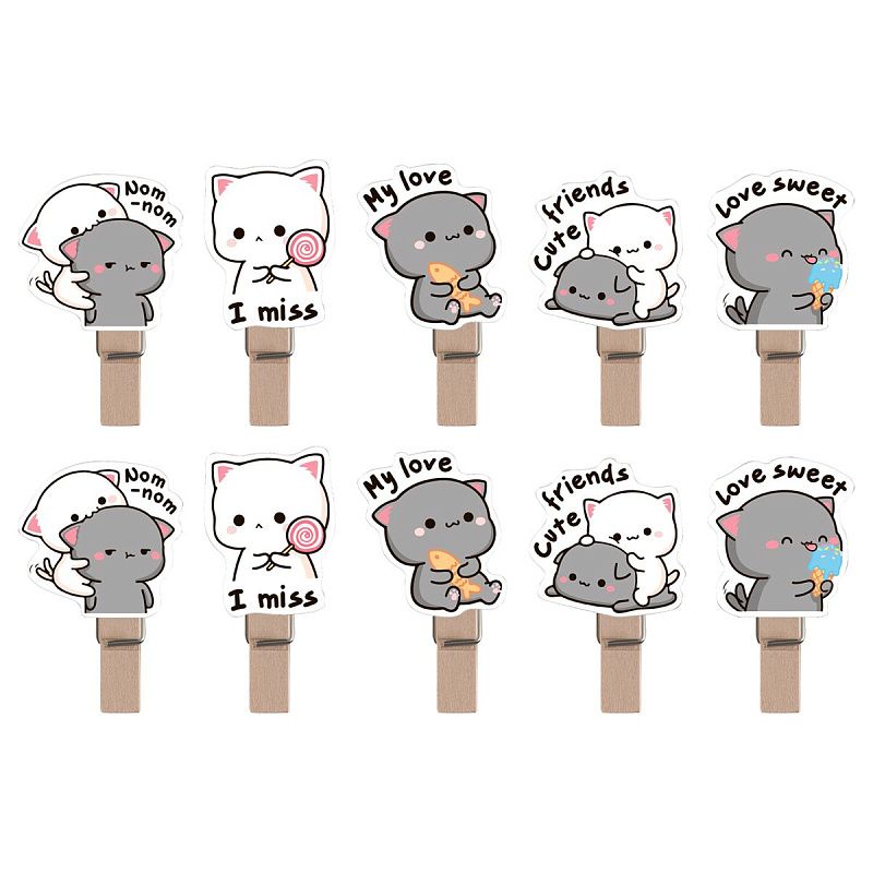 Зажимы для бумаг 7мм, MESHU "Best Friends" , 10шт., деревянные, ассорти, опп пакет с европодвесом, веревка в комплекте