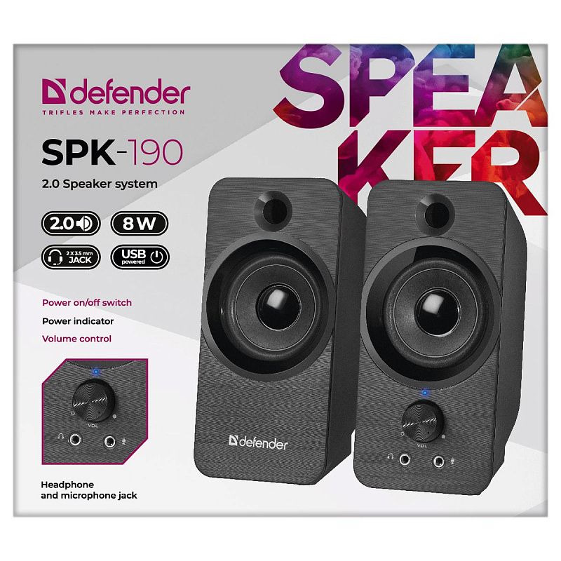 Колонки Defender SPK-190, 2*4W, питание от USB, черный