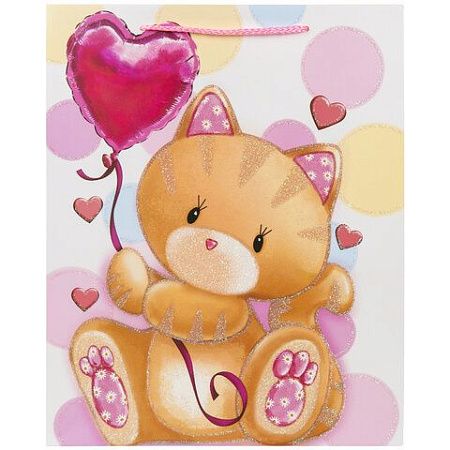 Пакет подарочный 26,5x12,7x33 см ЗОЛОТАЯ СКАЗКА "Lovely Kitty", глиттер, белый с розовым, 608242