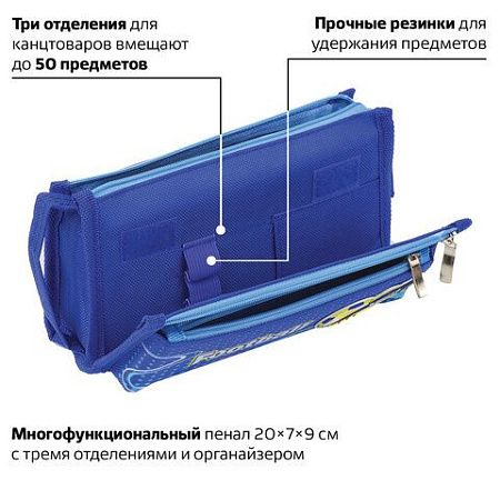 Пенал ЮНЛАНДИЯ для мальчиков, 3 отделения, мягкий, "Футбол", синий, 20х7х9 см, 228979 