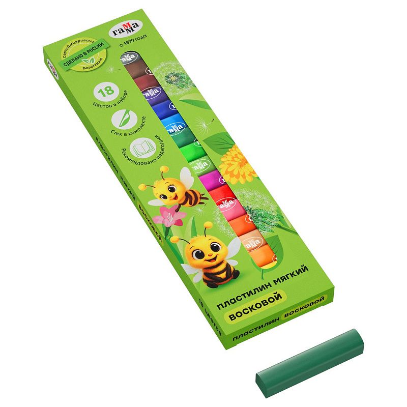 Пластилин восковой мягкий Гамма "Пчелка", 18 цветов, 216г, со стеком, картон. упаковка
