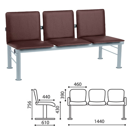 картинка Кресло для посетителей трехсекционное "Терра", серебристый каркас, кожзам коричневый от магазина