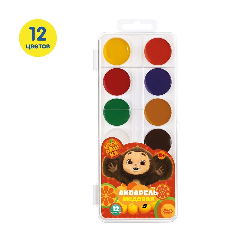 Акварель Мульти-Пульти "Чебурашка", медовая, 12 цветов, без кисти, пластик, европодвес