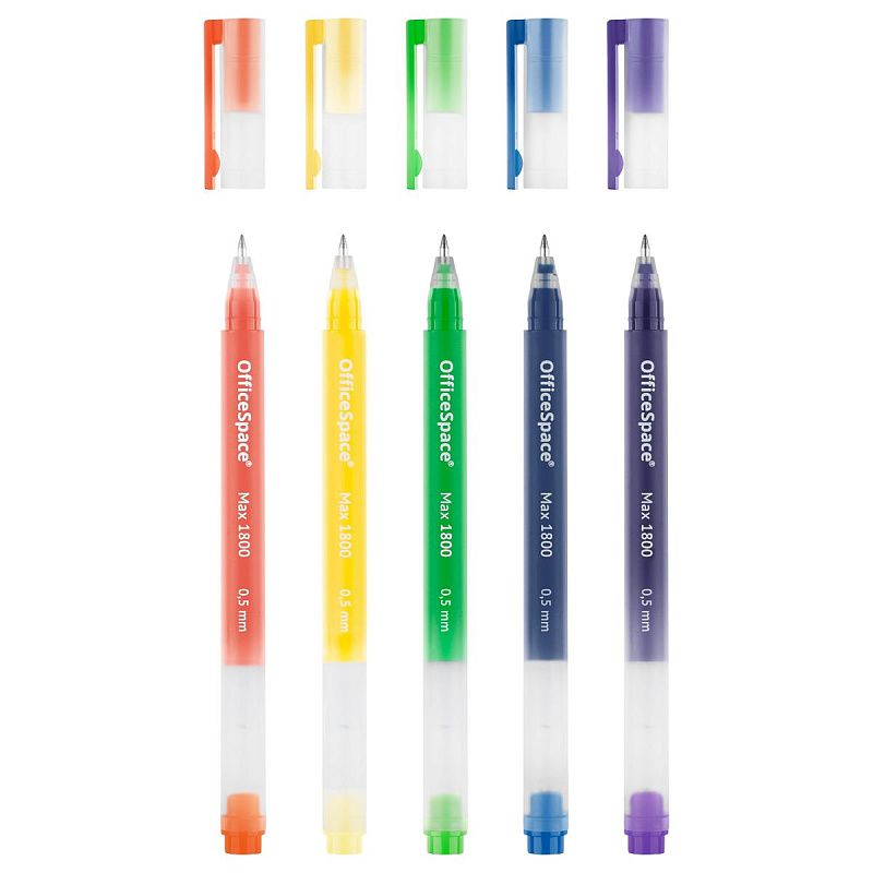 Набор гелевых ручек OfficeSpace "Max 1800", 5шт., 5цв,0,5мм, бесстержневая, увеличенная длина письма, коробка 