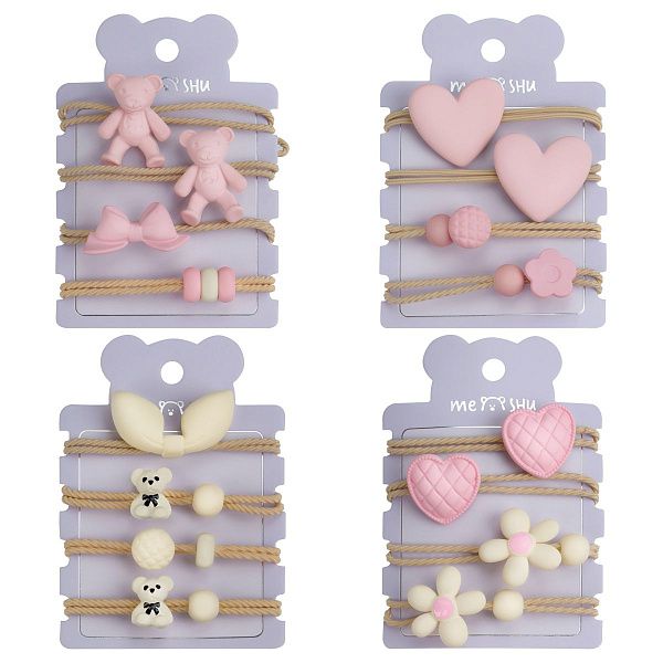 Резинки для волос MESHU, тонкие с топперами, ассорти, 4шт., диаметр 5см, европодвес