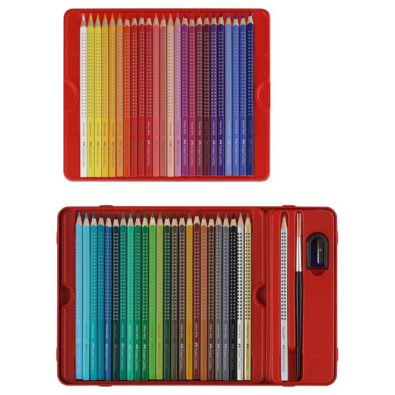 Карандаши цветные Faber-Castell "Grip", 48цв., трехгран., заточ.+ч/г кар. Grip+точилка+кисть, метал. коробка