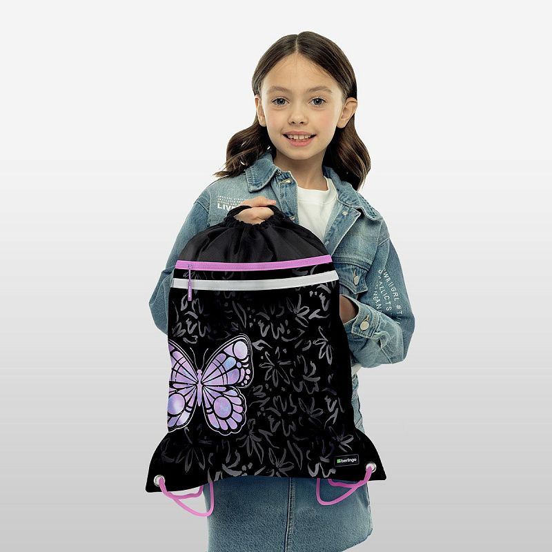 Мешок для обуви 1 отделение Berlingo "Butterfly Effect", 360*460мм, вентиляционная сеточка , светоотражающая лента, карман на молнии 