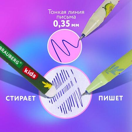 Ручки стираемые гелевые BRAUBERG KIDS "AVOCADO", СИНИЕ, КОМПЛЕКТ 12 ШТУК, игольчатый наконечник 0,5 мм, линия 0,35 мм, 144100 