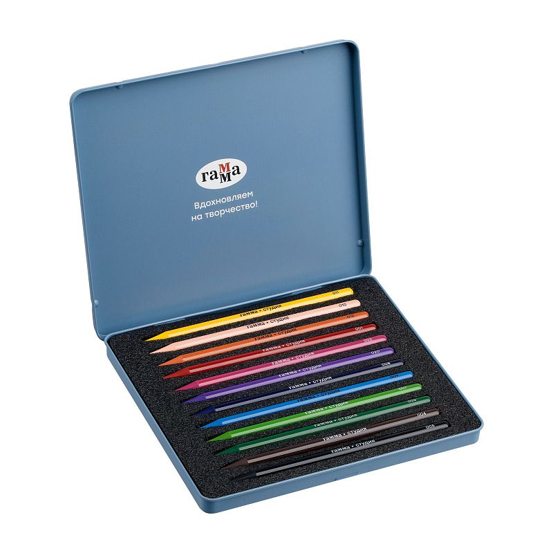 Карандаши цельнографитные цветные Гамма "Студия", 12 цв, заточенный, метал. пенал