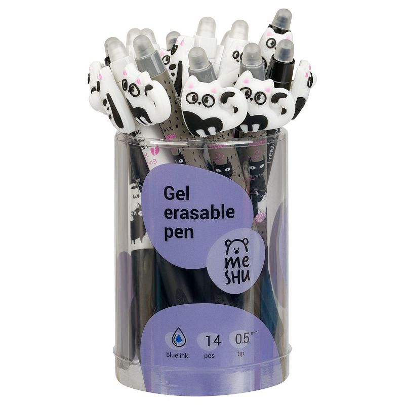 Ручка гелевая стираемая автоматическая MESHU "Funny cats" синяя, 0,5мм, корпус ассорти, с топпером 