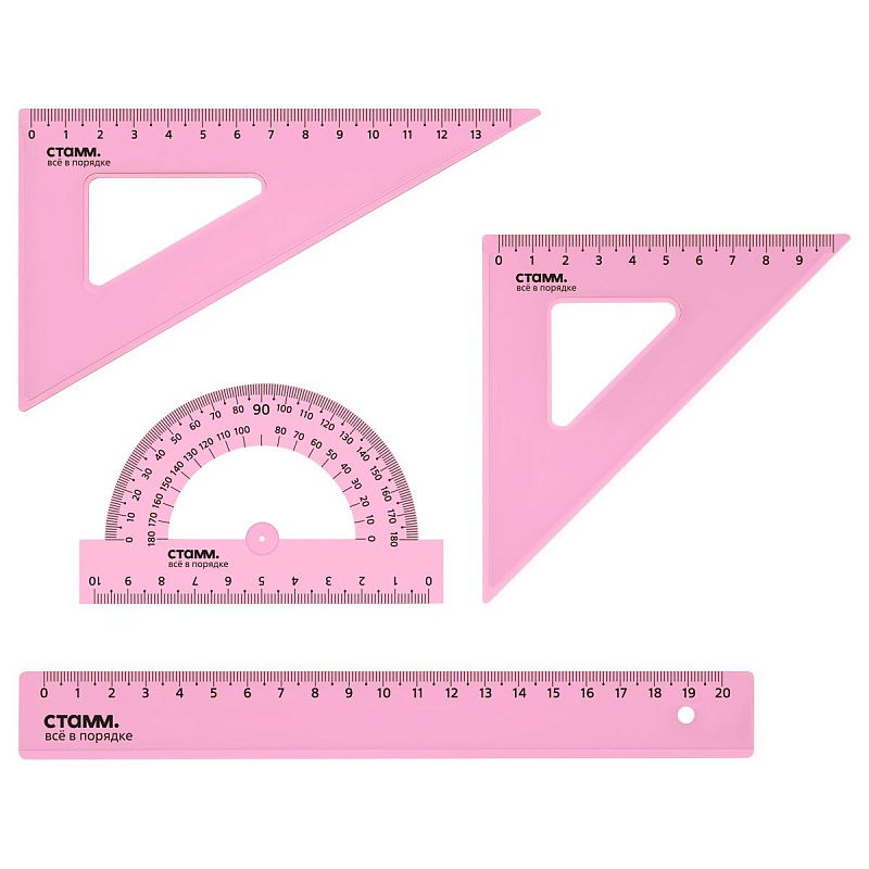 Набор чертежный СТАММ, размер M (линейка 20см, 2 треугольника, транспортир), прозрачный, неоновые цвета, ассорти, европодвес 