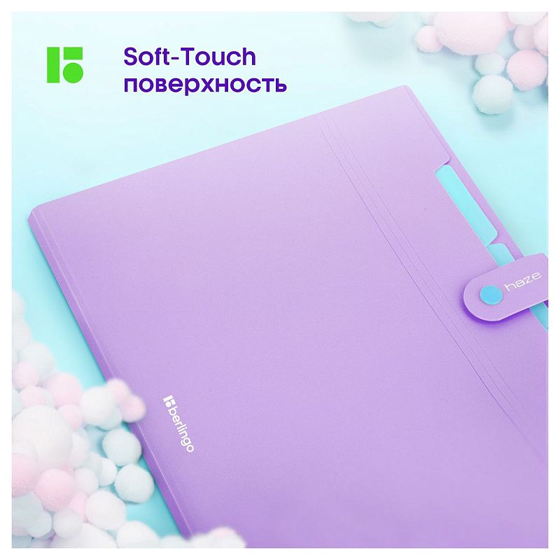 Папка 5 отделений Berlingo "Haze", А4, 600мкм, на кнопке, сиреневая, софт-тач 