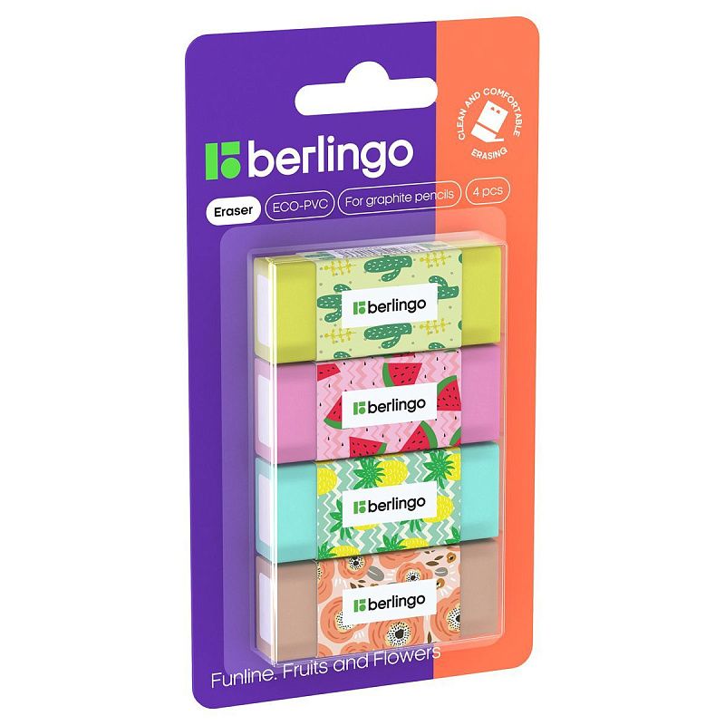 Ластик Berlingo "Funline. Fruits and Flowers", 4шт., прямоугольные, 50*20*11мм, блистер