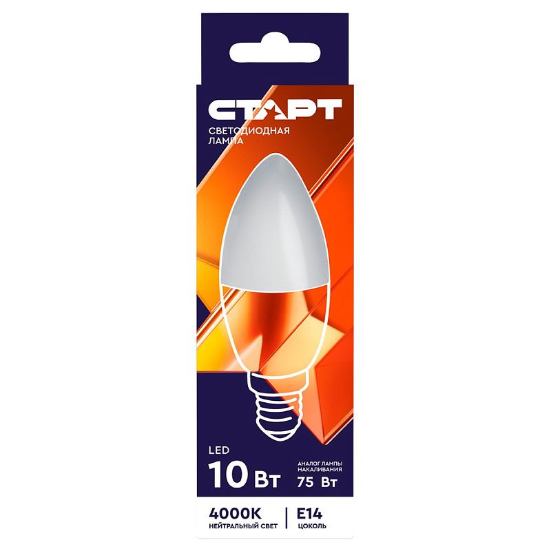 Лампа светодиодная Старт LED, серия "WS" 10W40, тип С "свеча", E14, 4000К, нейтральный свет, 25000ч