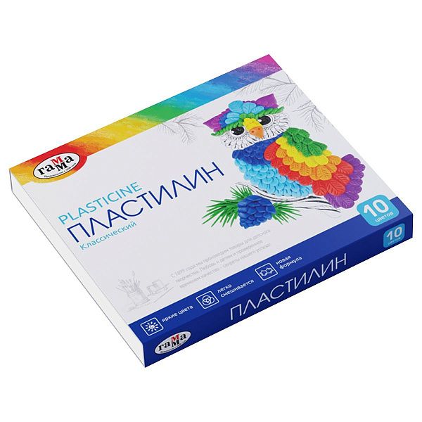 Пластилин Гамма "Классический", 10 цветов, 200г, со стеком, картон. упаковка