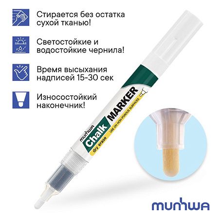Маркер меловой MunHwa "Chalk Marker" белый, 3мм, спиртовая основа, пакет 