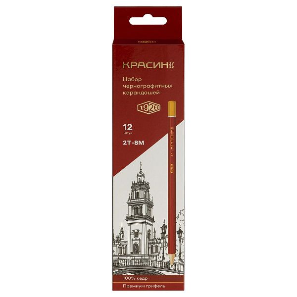 Набор карандашей ч/г Красин "1926" 12шт., 2Т(Н)-8М(B), кедр, заточен., карт.пенал, европодвес