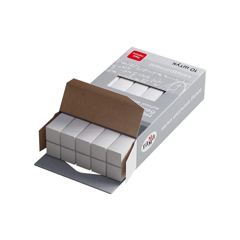 Мелки школьные Гамма, белые, 10шт., мягкие, квадратные, картонная упаковка, европодвес 