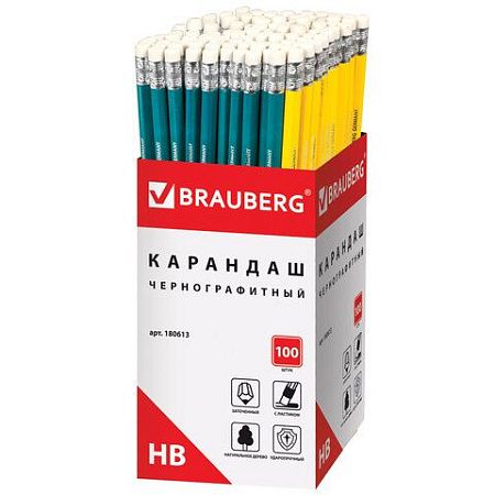 Карандаш чернографитный BRAUBERG, 1 шт., "Fluor", НВ, с ластиком, корпус неоновый ассорти, заточенный, 180613 