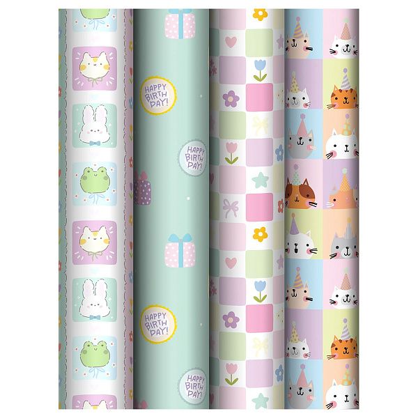 Упаковочная бумага глянц. 70*100см, MESHU "Cute party", 80г/м2, ассорти 4 дизайна