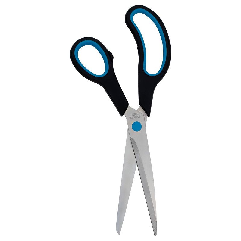Ножницы OfficeSpace 24см, эргономичные ручки, черные с синими вставками, ПВХ чехол с европодвесом