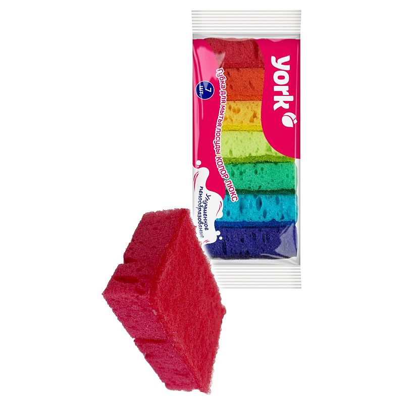 Губки для посуды York "Колор Люкс", поролон с абразивным слоем, 10*7*3см, 7шт.