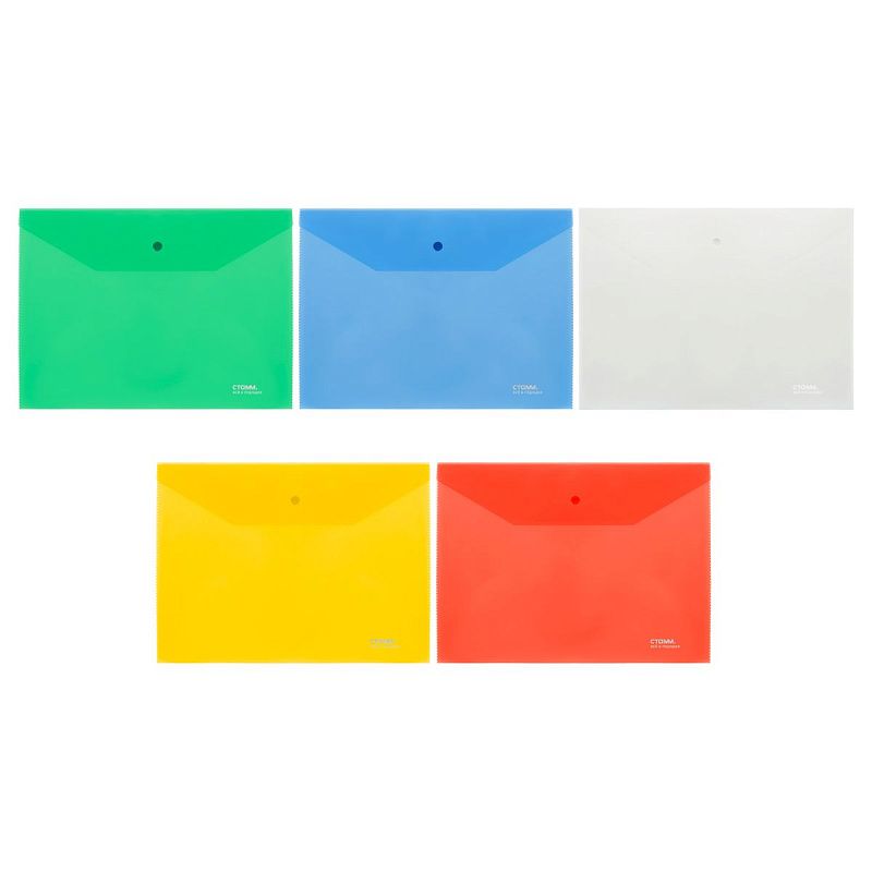 Папка-конверт на кнопке СТАММ В5, 180мкм, пластик, прозрачная, ассорти 