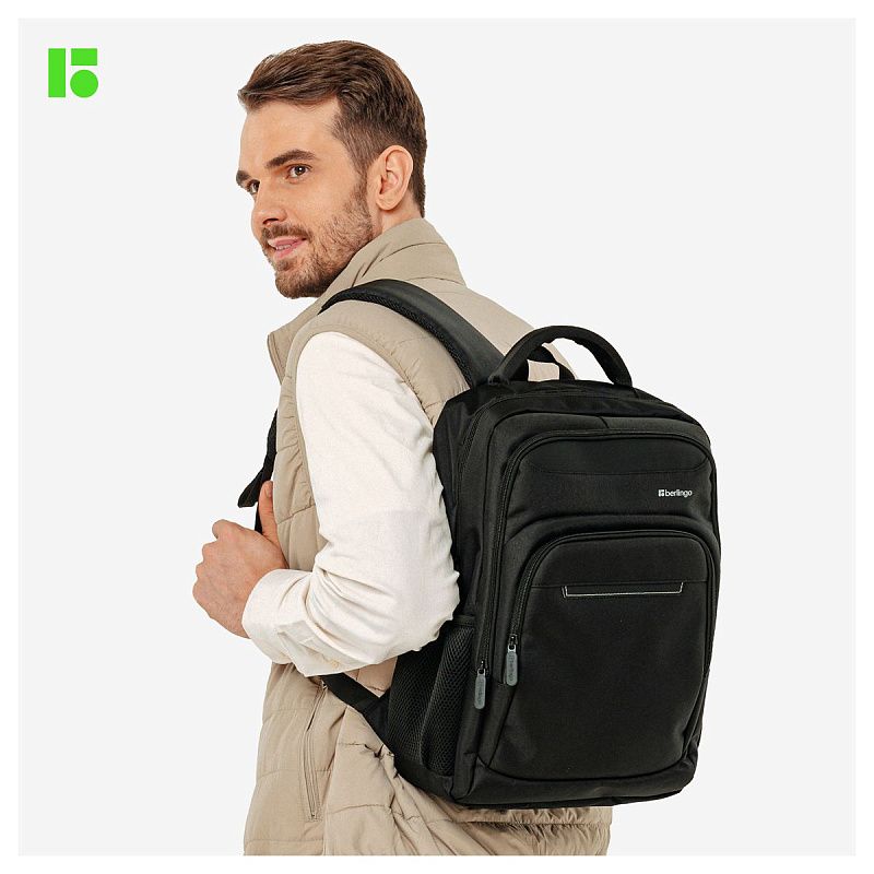 Рюкзак Berlingo City "Strict black" 42*29*17см, 2 отделения, 3 кармана, отделение для ноутбука, эргономическая спинка 