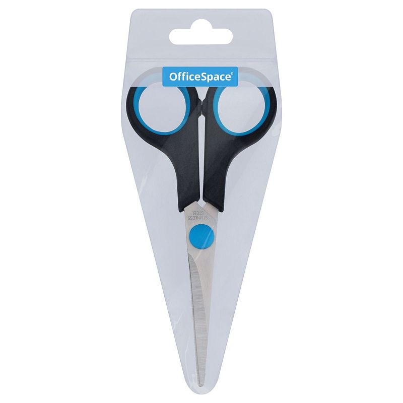 Ножницы OfficeSpace 14см, черные с синими вставками, ПВХ чехол с европодвесом