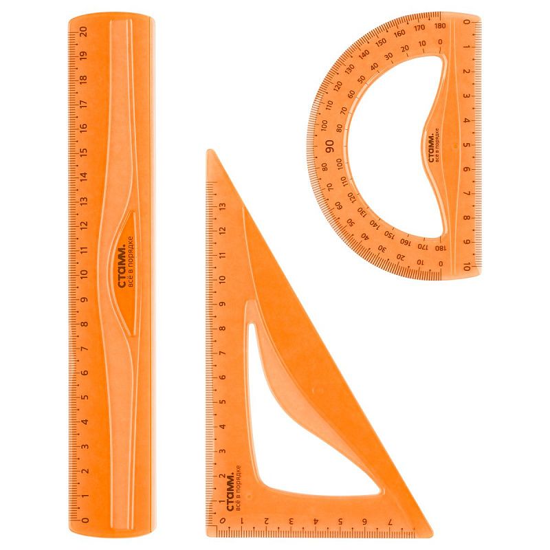 Набор чертежный СТАММ, размер M (линейка 20см, треугольник, транспортир), гибкий, прозрачный, оранжевый, европодвес 